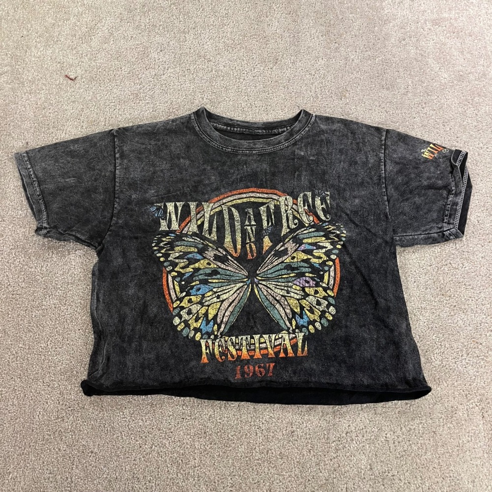 Mighty Fine Graphic T-Shirt Womens XS Grey Acid Wash Butterfly Crop